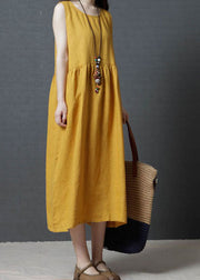 Yellow Patchwork Cotton Long Dress O Neck Wrinkled Sleeveless