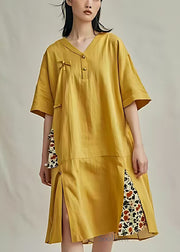 Yellow Patchwork Cotton Mid Dresses Oversized Side Open Summer