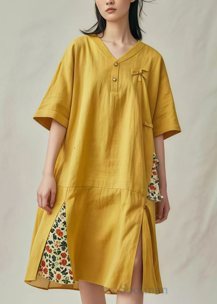 Yellow Patchwork Cotton Mid Dresses Oversized Side Open Summer