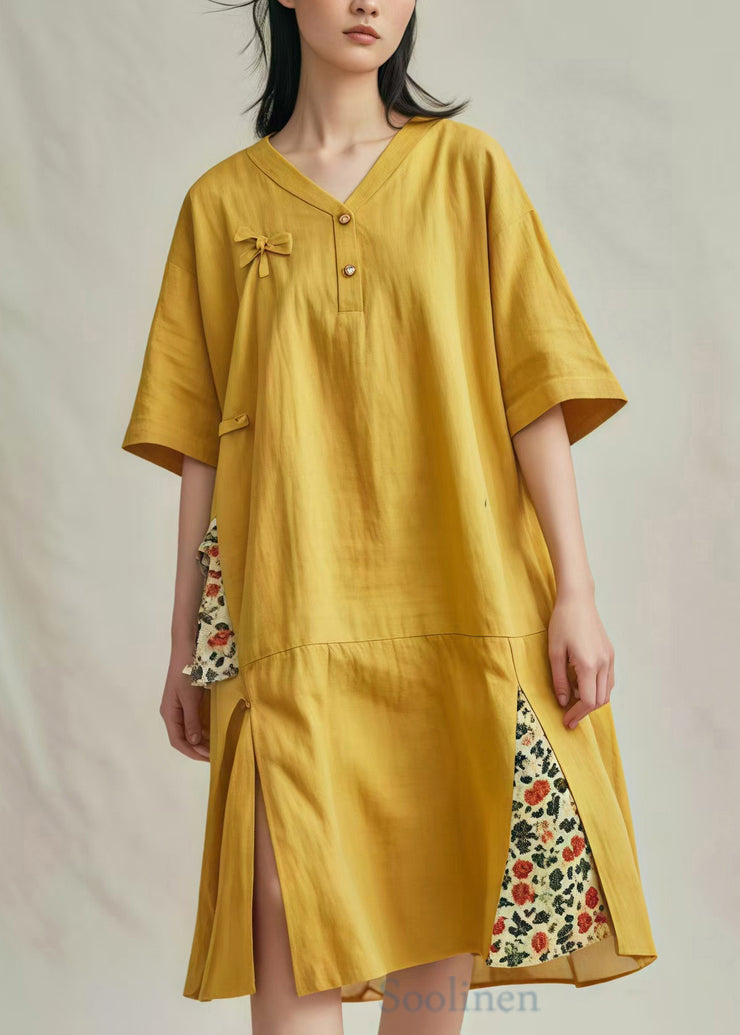 Yellow Patchwork Cotton Mid Dresses Oversized Side Open Summer