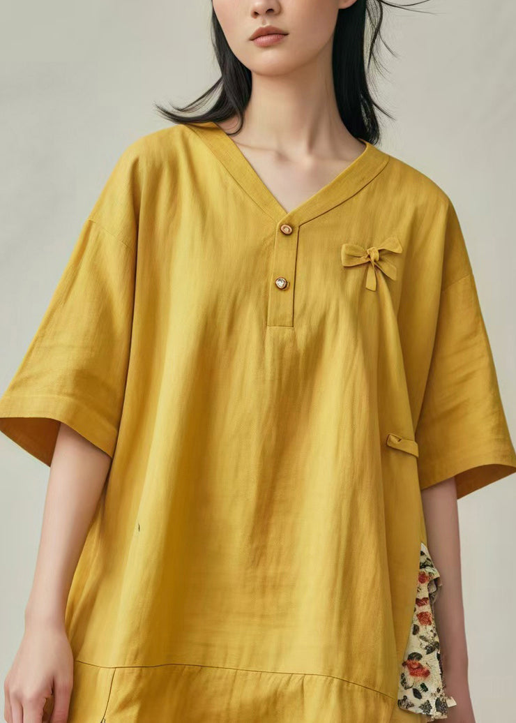 Yellow Patchwork Cotton Mid Dresses Oversized Side Open Summer