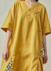 Yellow Patchwork Cotton Mid Dresses Oversized Side Open Summer