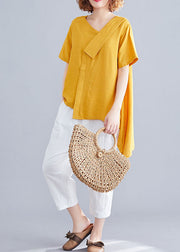 Yellow Patchwork Cotton T Shirts Asymmetrical V Neck Short Sleeve