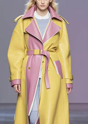 Yellow Patchwork Faux Leather Trench Cinched Fall