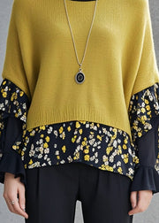 Yellow Patchwork Knit Sweaters Print Butterfly Sleeve