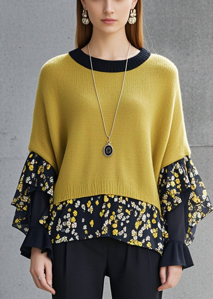 Yellow Patchwork Knit Sweaters Print Butterfly Sleeve