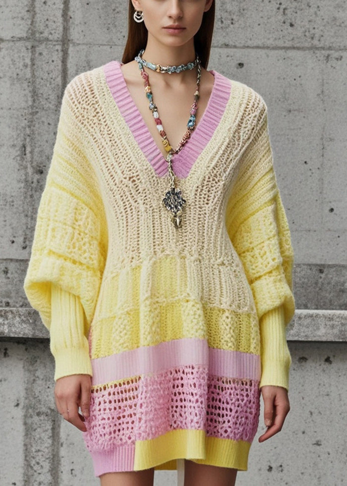 Yellow Patchwork Knitwear Dress V Neck Hollow Out Fall