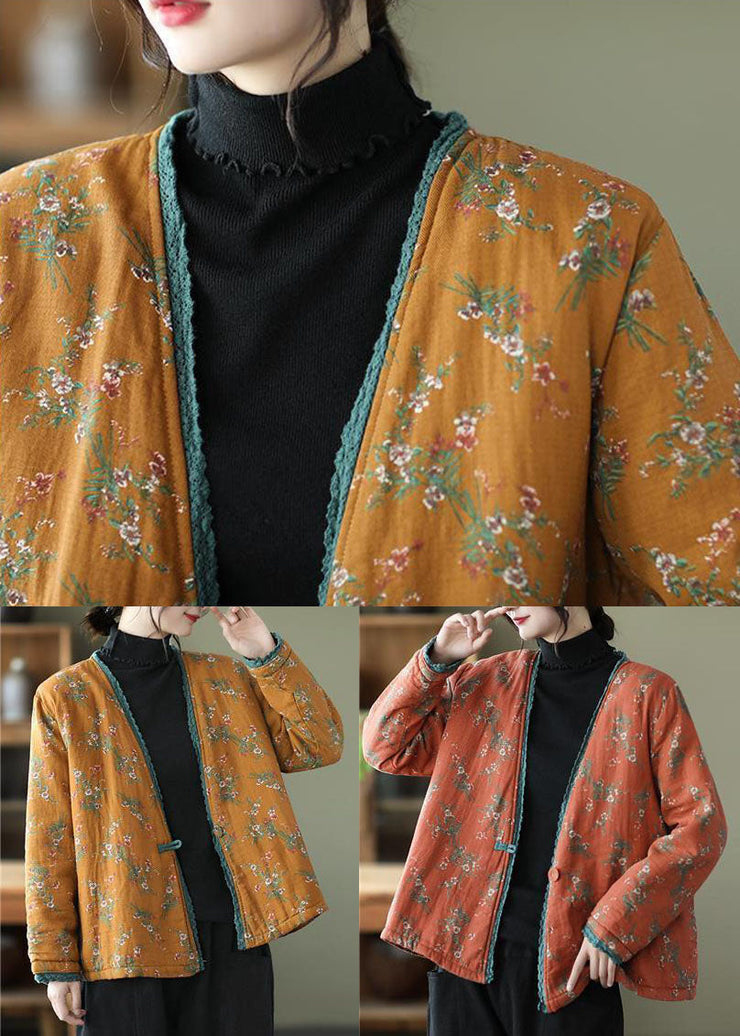 Yellow Patchwork Lace Fine Cotton Filled Cardigan V Neck Print Winter