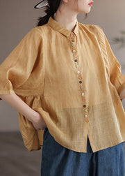 Yellow Patchwork Linen Blouse Tops Peter Pan Collar Half Sleeve