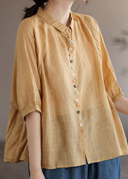 Yellow Patchwork Linen Blouse Tops Peter Pan Collar Half Sleeve