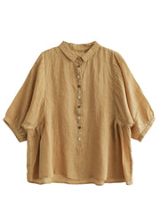 Yellow Patchwork Linen Blouse Tops Peter Pan Collar Half Sleeve