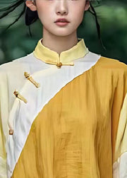 Yellow Patchwork Linen Chinese Style Top Asymmetrical Design Summer