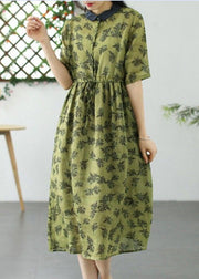 Yellow Patchwork Linen Dress Peter Pan Collar Drawstring Summer