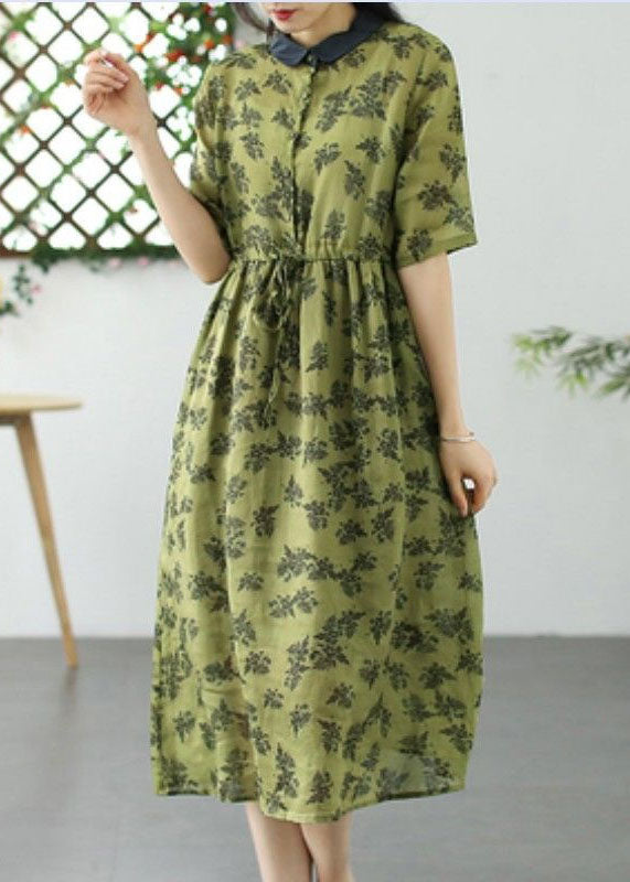 Yellow Patchwork Linen Dress Peter Pan Collar Drawstring Summer