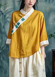 Yellow Patchwork Linen Shirt Tops Chinese Button Summer