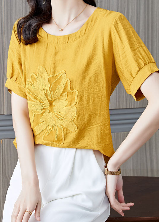 Yellow Patchwork Linen T Shirt Embroideried Wrinkled Summer