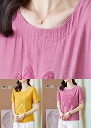 Yellow Patchwork Linen T Shirt Embroideried Wrinkled Summer