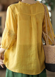 Yellow Patchwork Linen Top Ruffled V Neck Summer