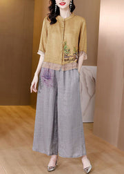 Yellow Patchwork Linen Two Pieces Set Stand Collar Embroideried Summer