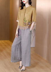 Yellow Patchwork Linen Two Pieces Set Stand Collar Embroideried Summer