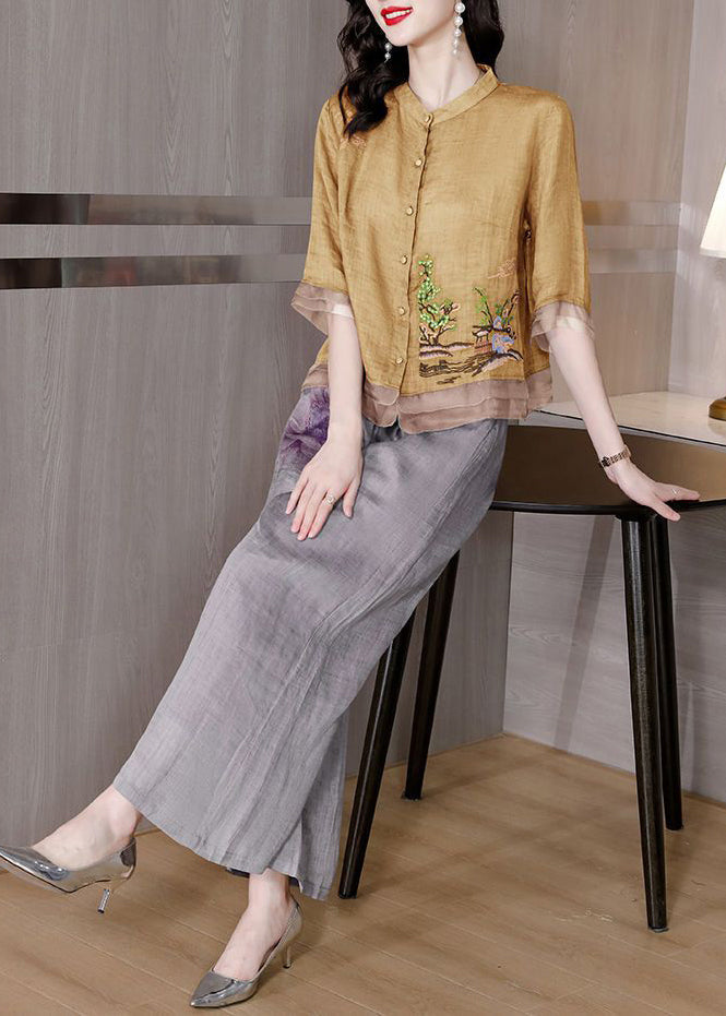 Yellow Patchwork Linen Two Pieces Set Stand Collar Embroideried Summer