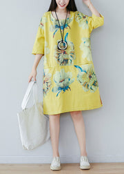 Yellow Patchwork Print Cotton Dress Half Sleeve