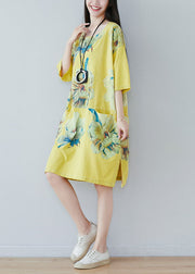 Yellow Patchwork Print Cotton Dress Half Sleeve