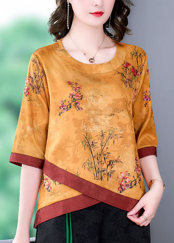 Yellow Patchwork Print Silk Blouse Top O Neck Bracelet Sleeve