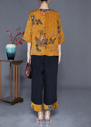 Yellow Patchwork Silk 2 Piece Outfit O-Neck Print Half Sleeve