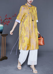 Yellow Patchwork Silk Chinese Style Dress Print Half Sleeve