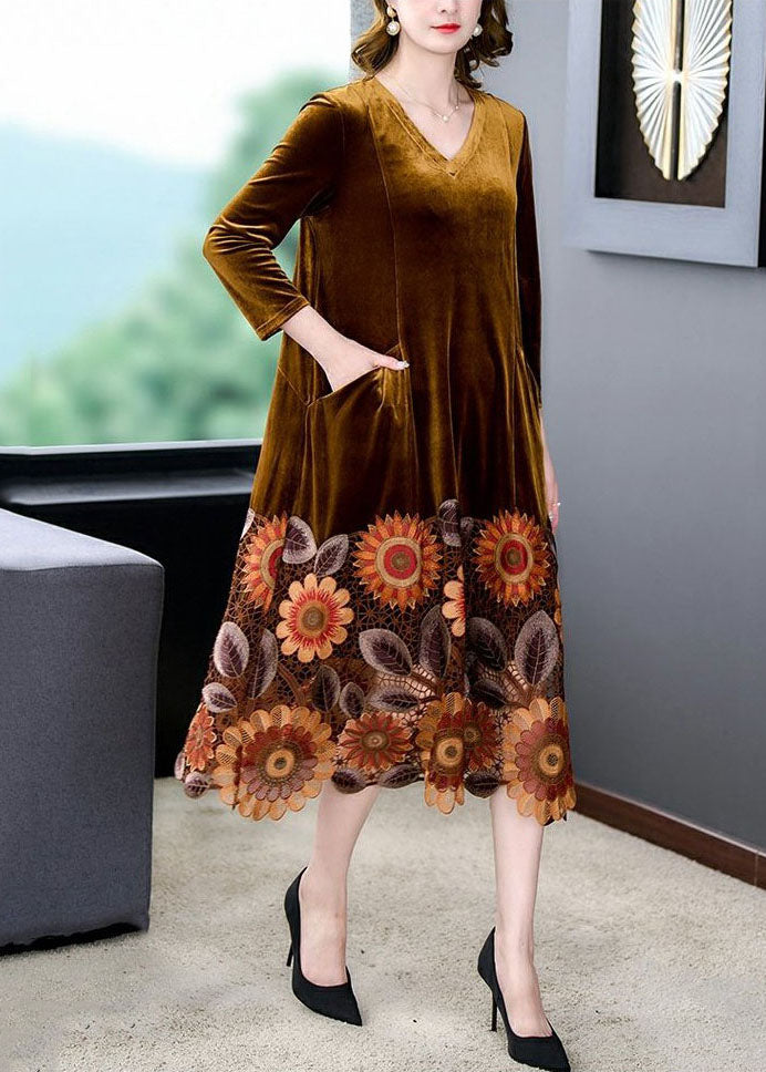 Yellow Patchwork Silk Velour Maxi Dresses Embroideried V Neck Spring