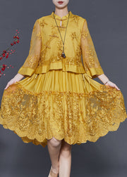 Yellow Patchwork Tulle Dress Embroidered Chinese Button Spring