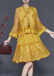 Yellow Patchwork Tulle Dress Embroidered Chinese Button Spring