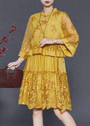 Yellow Patchwork Tulle Dress Embroidered Chinese Button Spring