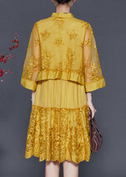 Yellow Patchwork Tulle Dress Embroidered Chinese Button Spring