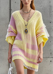 Yellow Patchwork Tulle Knit Dress V Neck Fall