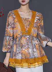 Yellow Patchwork Tulle Shirt Top Embroidered Spring
