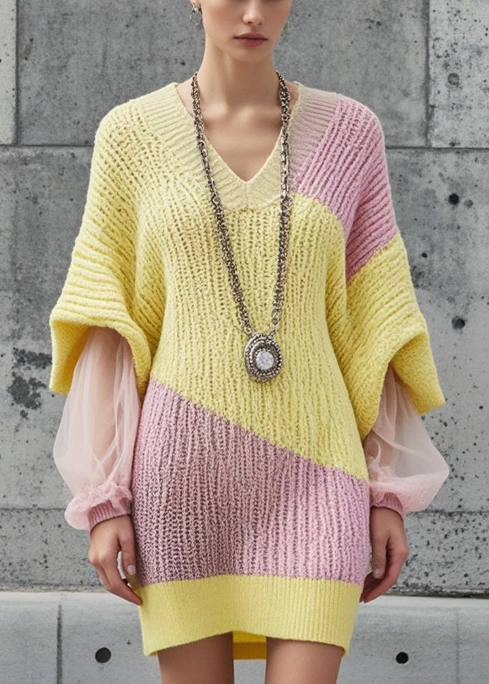 Yellow Patchwork Tulle Sweater Dress V Neck Batwing Sleeve