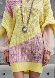 Yellow Patchwork Tulle Sweater Dress V Neck Batwing Sleeve