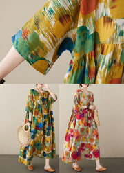 Yellow Patchwork Wrinkled Vacation Maxi Dresses Half Sleeve