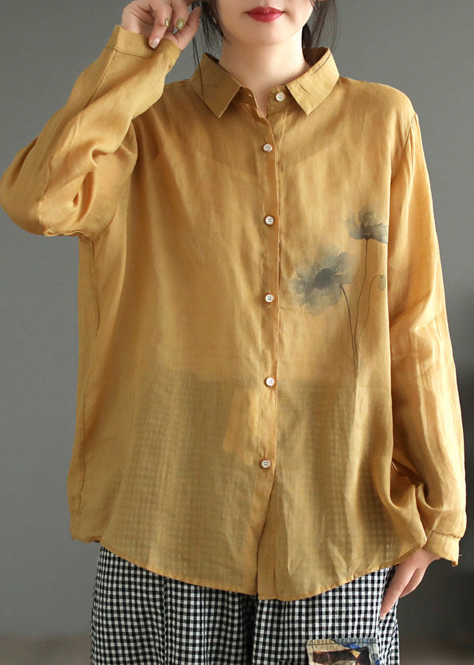 Yellow Peter Pan Collar Silk Linen Shirt Long Sleeve