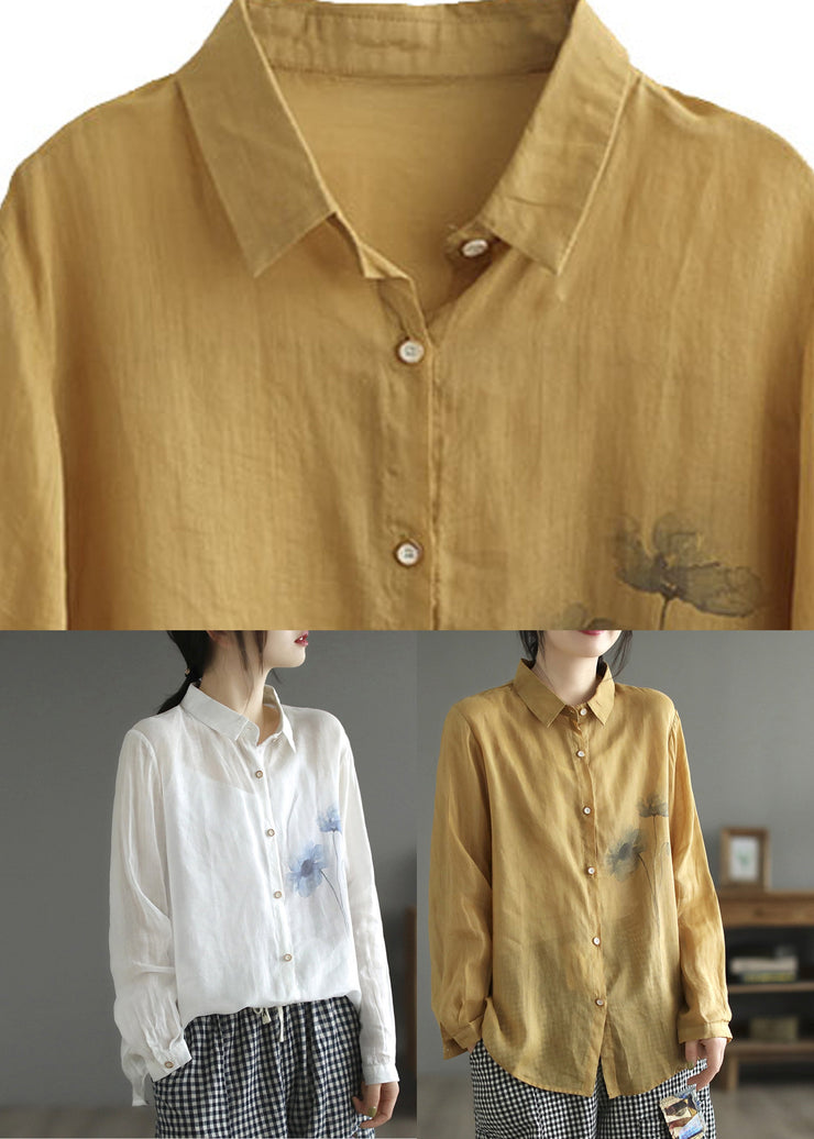 Yellow Peter Pan Collar Silk Linen Shirt Long Sleeve