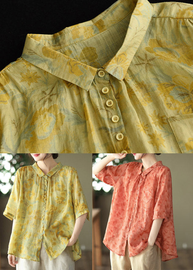 Yellow Peter Pan Collar low high design Linen Shirt Half Sleeve