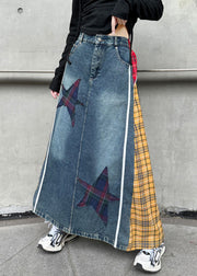 Yellow Plaid Button Patchwork Denim Spring Skirts High Waist