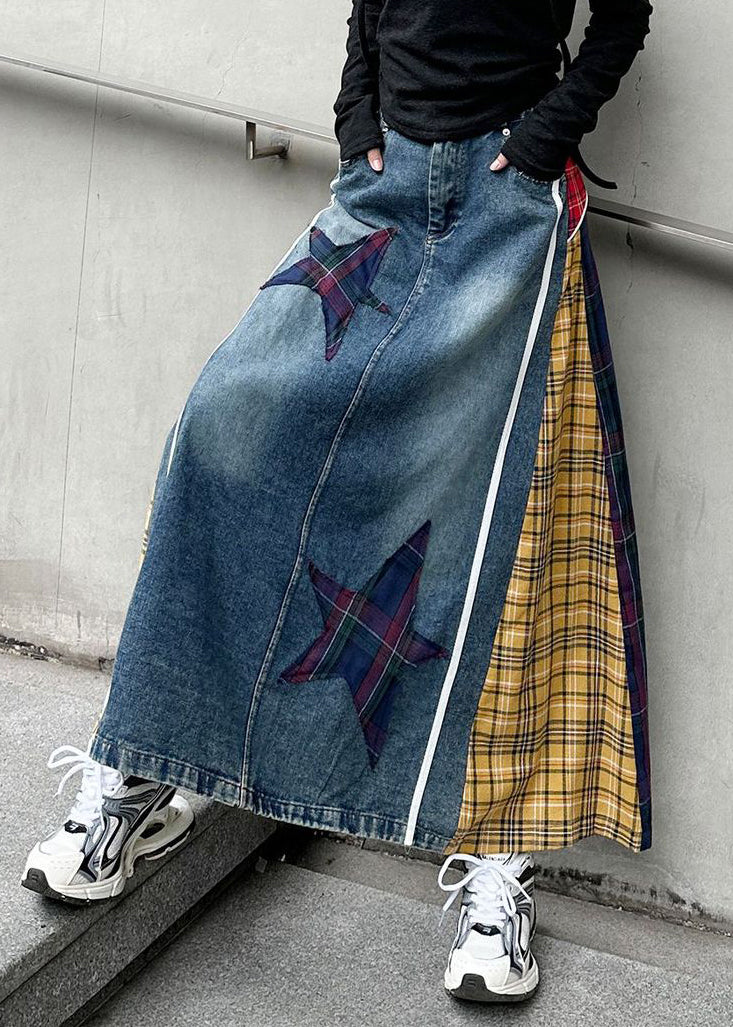 Yellow Plaid Button Patchwork Denim Spring Skirts High Waist