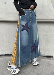 Yellow Plaid Button Patchwork Denim Spring Skirts High Waist