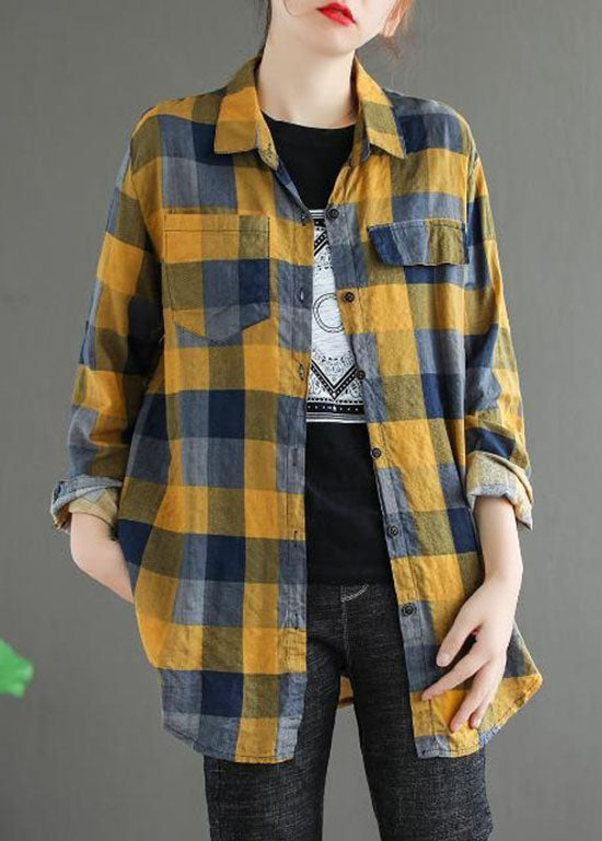 Yellow Plaid Cotton Blouse Top Peter Pan Collar Long Sleeve