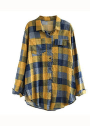 Yellow Plaid Cotton Blouse Top Peter Pan Collar Long Sleeve