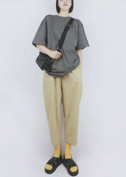 Yellow Plaid Print Cotton Harem Pants Elastic Waist Pockets Summer