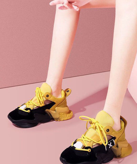 Yellow Platform Sport Shoes Suede Women Splicing Lace Up Breathable Mesh